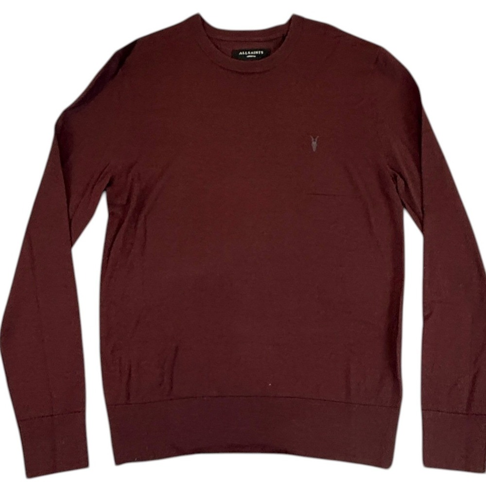 AllSaints Mens Medium Burgundy Oxblood Merino Wool Ramskull Crewneck Sweater